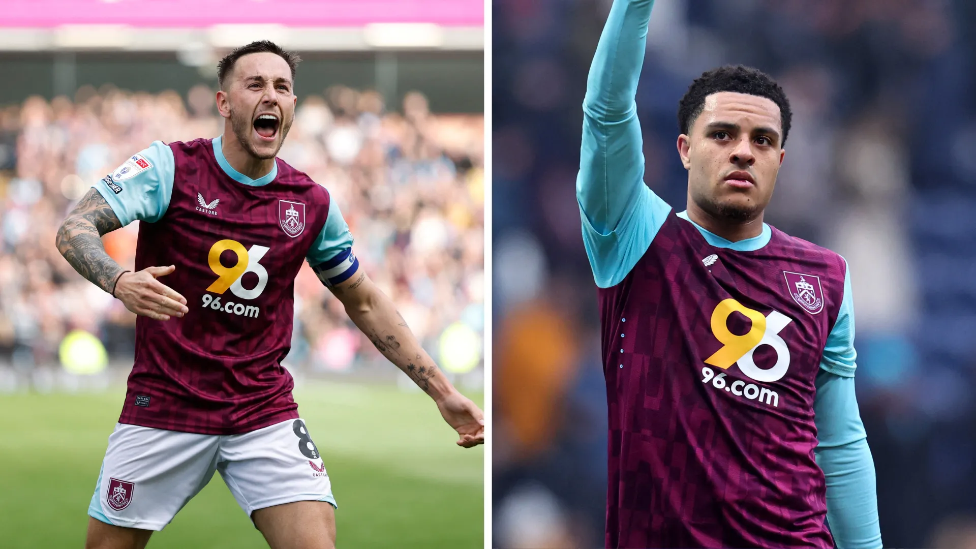 Josh Brownhill và CJ Egan-Riley của Burnley tranh chấp bóng