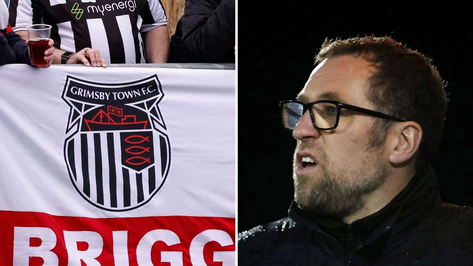 HLV David Artell trên sân cùng logo Grimsby Town