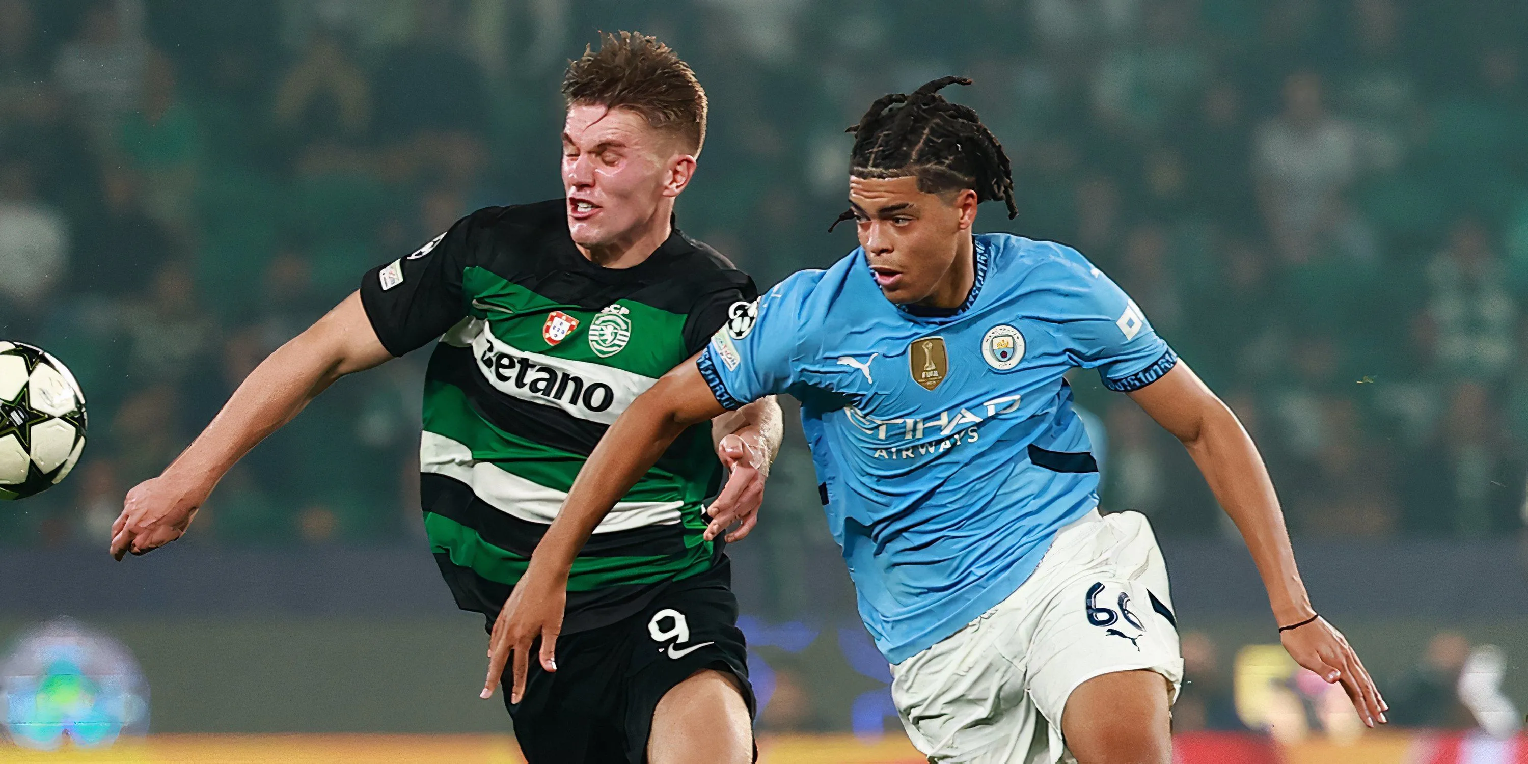 Jahmai Simpson-Pusey đối đầu Viktor Gyokeres trong trận ra mắt Champions League của Man City