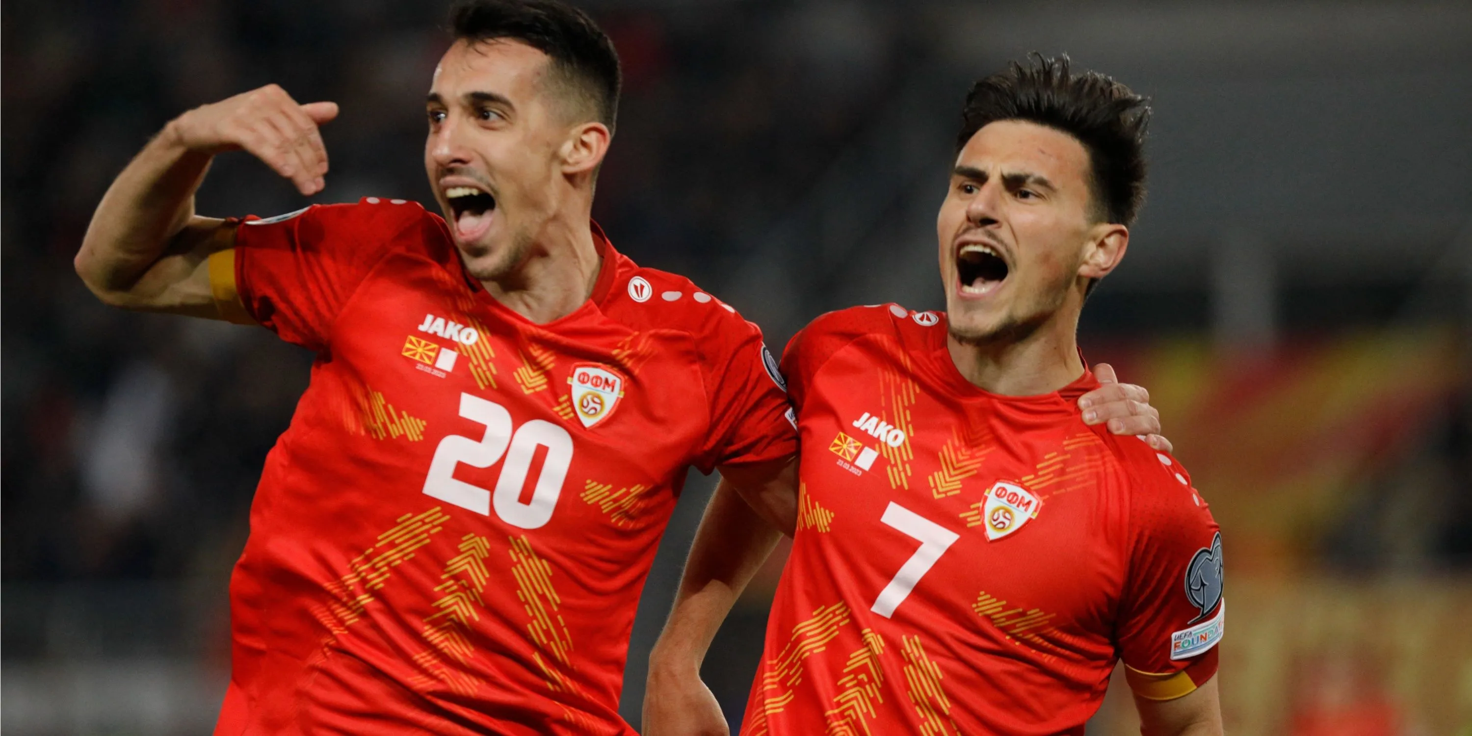 Tiền đạo Bojan Miovski trong màu áo đội tuyển Bắc Macedonia, mục tiêu chuyển nhượng của Birmingham City và Celtic.