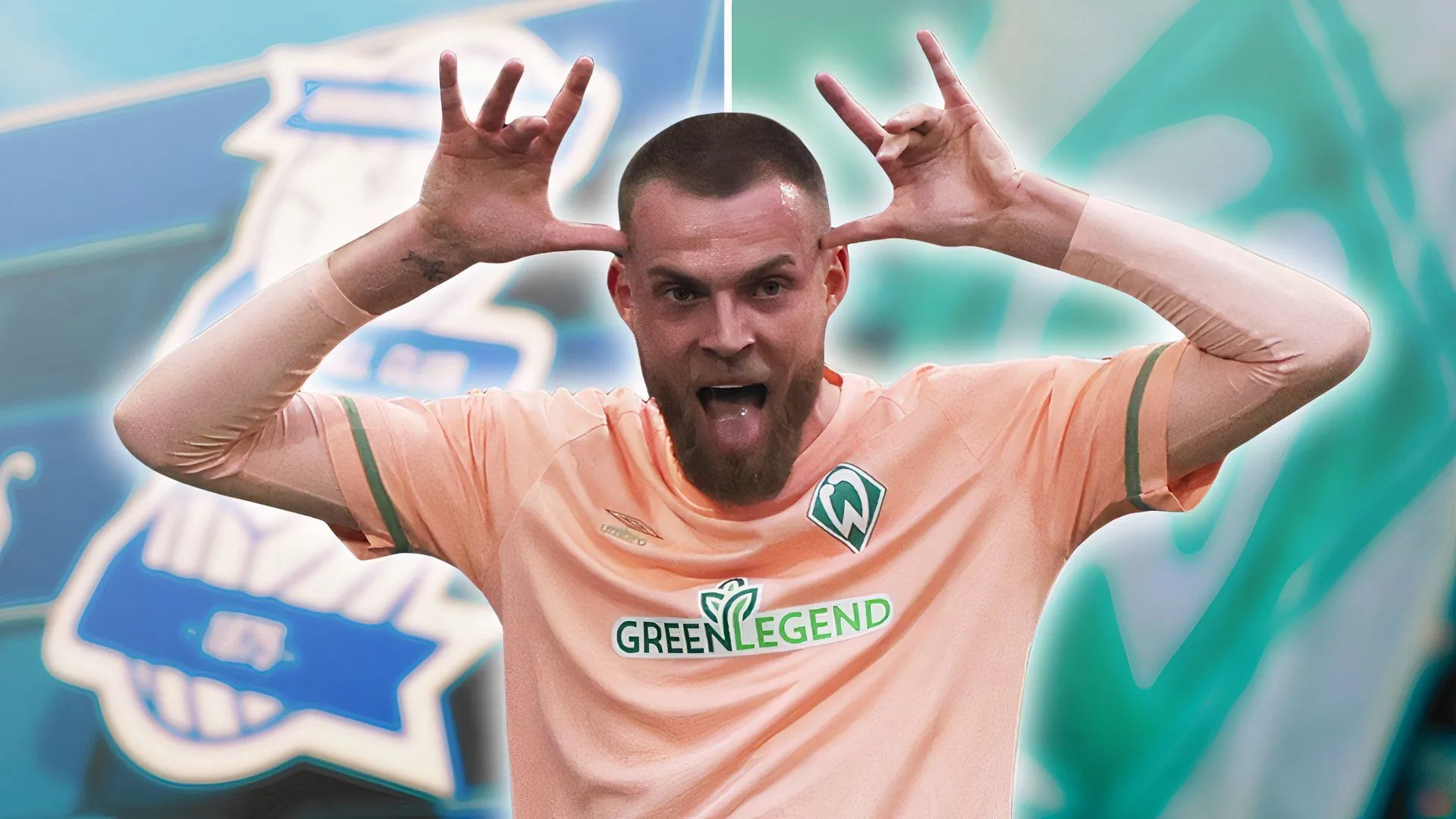 Tiền đạo Marvin Ducksch trong màu áo Werder Bremen cùng logo Birmingham City và Werder Bremen